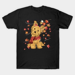 Maple Dog Leaf Fall Hello Autumn Funny Yorkie Lover T-Shirt